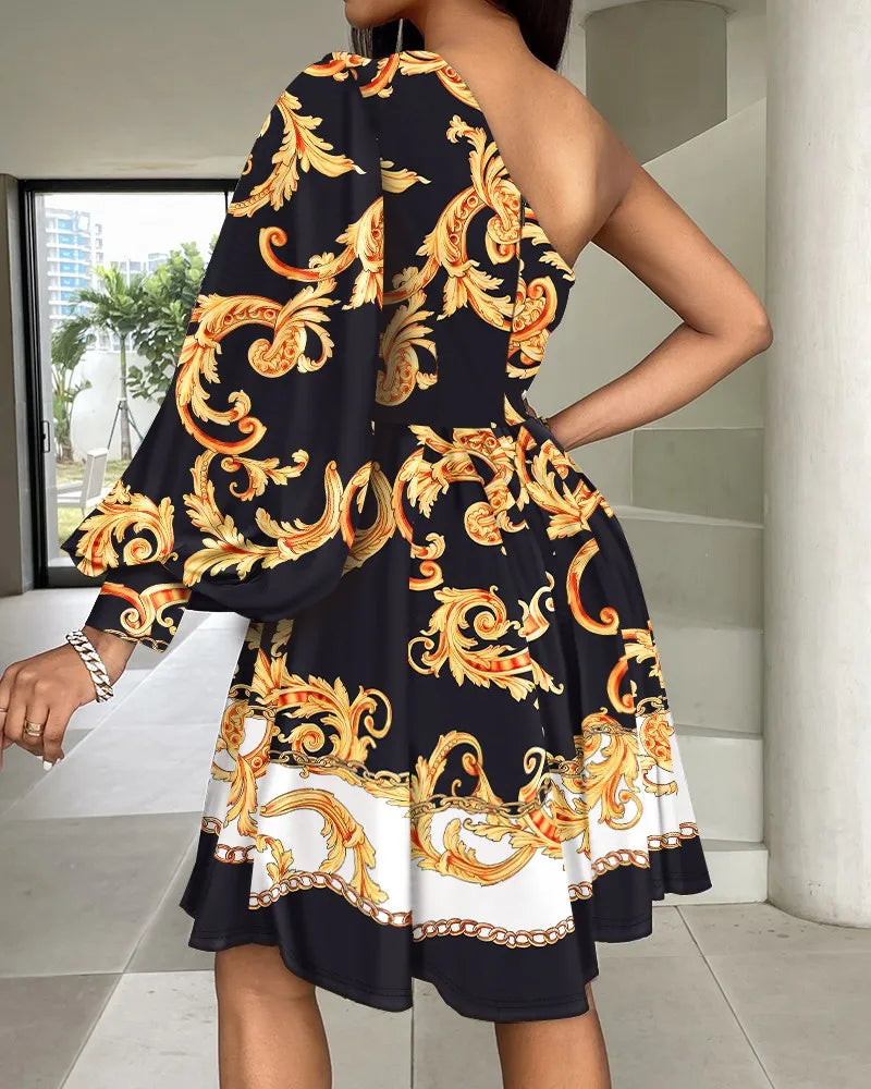 Women's Fashion Off the Shoulder Waist Printed Dress