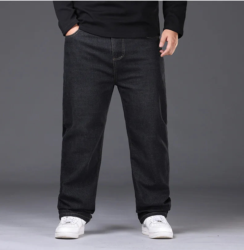 34-50 Sizes Men's Stretch Jeans Straight Leg Denim Pants Extended Sizing Blue/Black Streetwear Relaxed Fit for Work & Casual