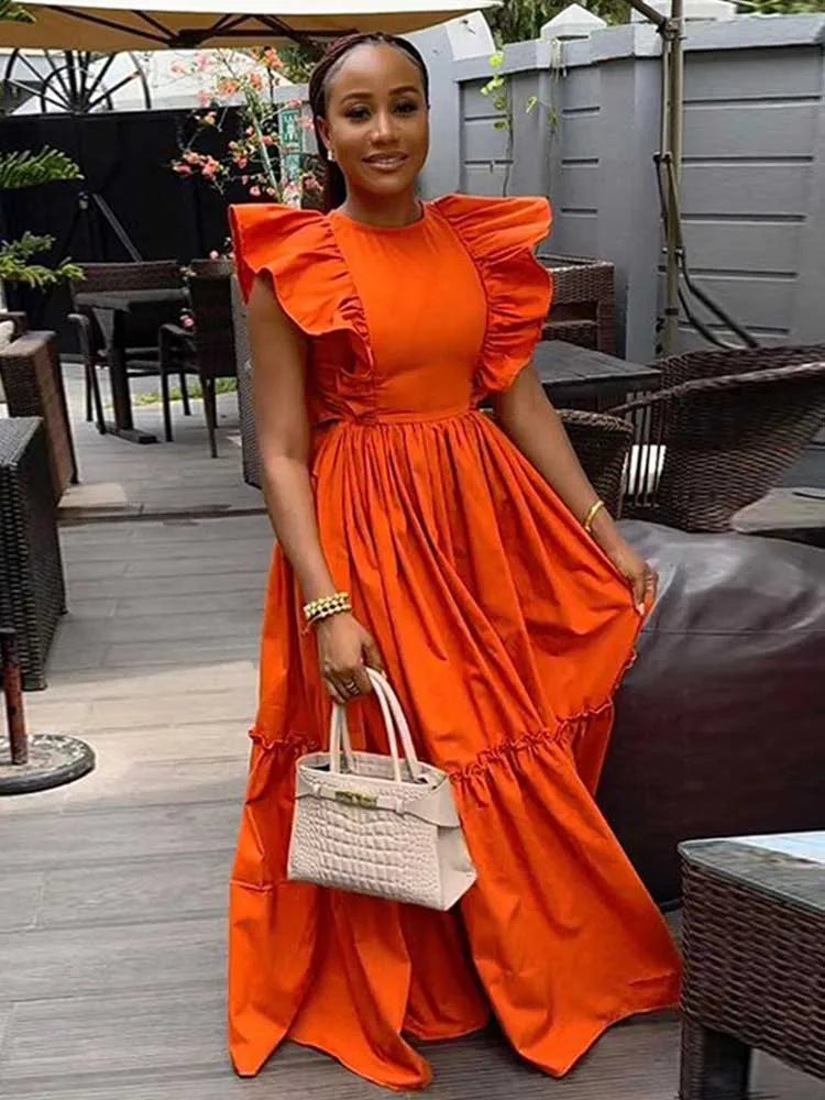 Elegant Long Casual Women Knitted Ruffle Sleeves Dress