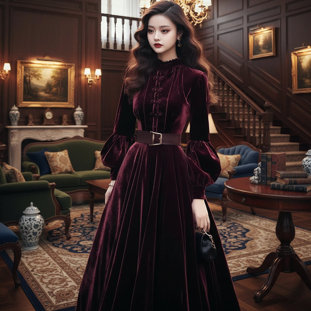 Autumn/Winter Women's Purple Red Velvet Dress Velvet Evening Party Long Dress