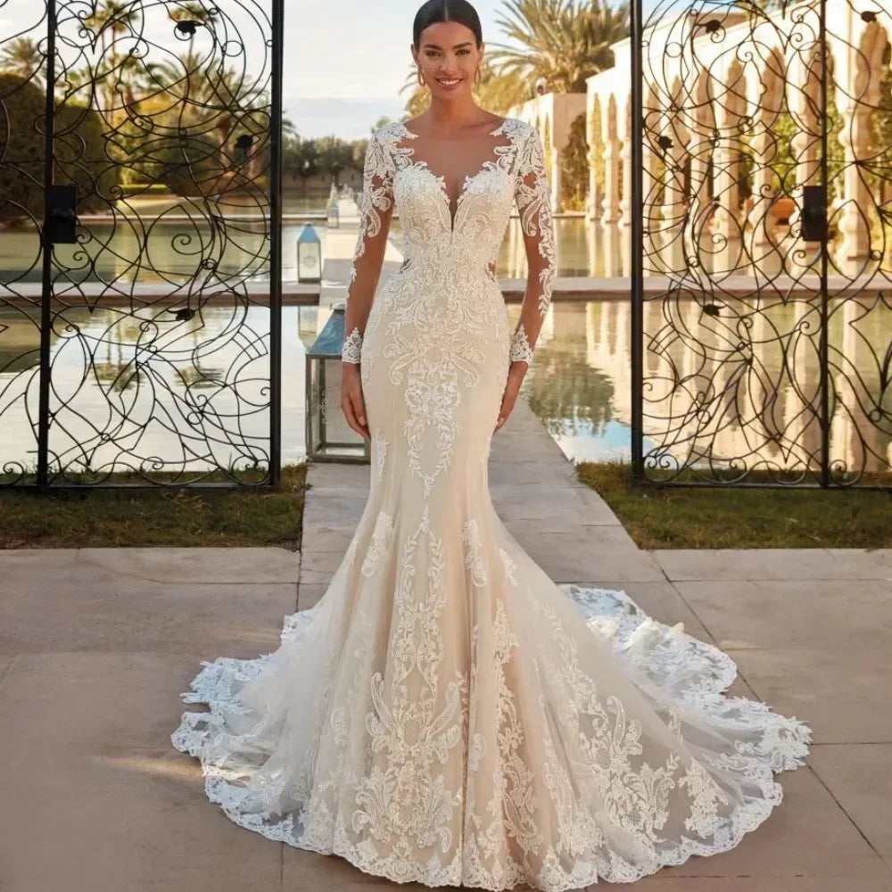 Boho Mermaid Wedding Dress - Long Sleeve Lace Gown Customizable