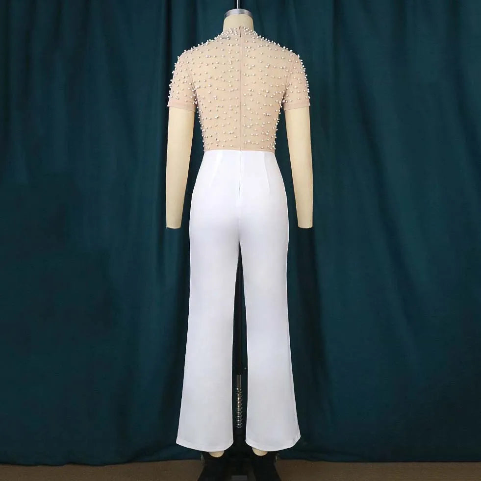 Elegant Jumpsuit with Round Neck Short Sleeve Beaded