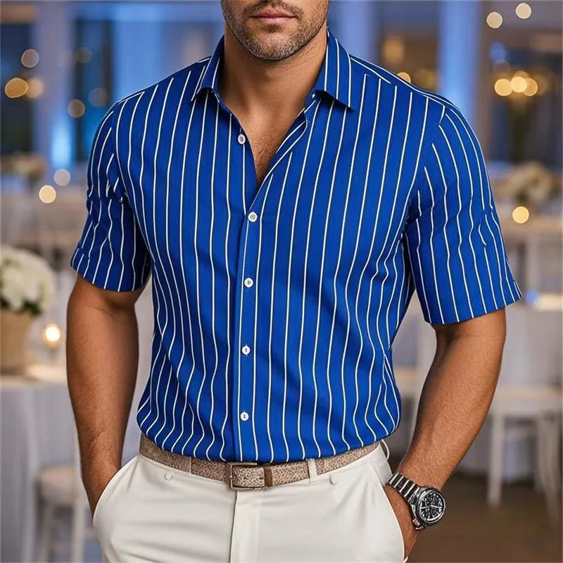 Men's Fashion Striped Loose Short Sleeve Shirt Casual Breathable Lapel Button Shirt Soft and Comfortable