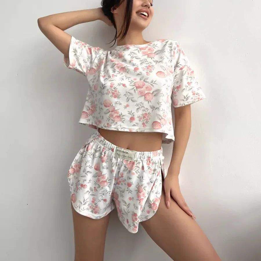 Women's Pajama Set Floral Heart Print Cotton Sleepwear Top& Slit Shorts