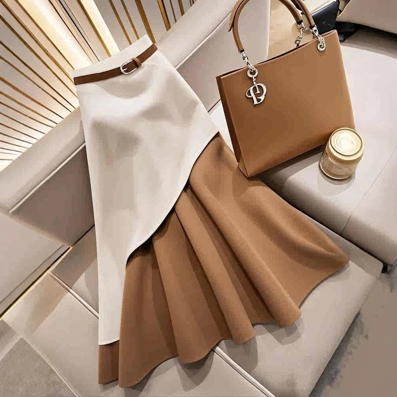 Women's Casual Brown White Patchwork Elegant Skirt Autumn/Winter High Waist Skirts