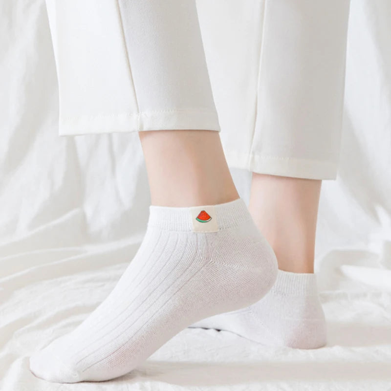 6 Pairs Women Cotton Breathable Short Socks Cartoon Fruit Sun Earth