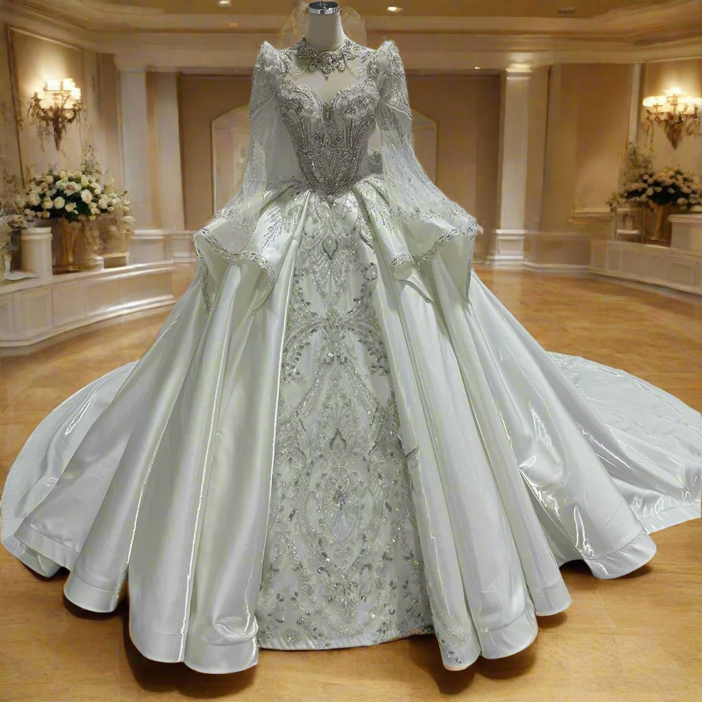Charming Wedding Beading O-Neck Satin Bridal Dress Gowns Ruffles Long Sleeves
