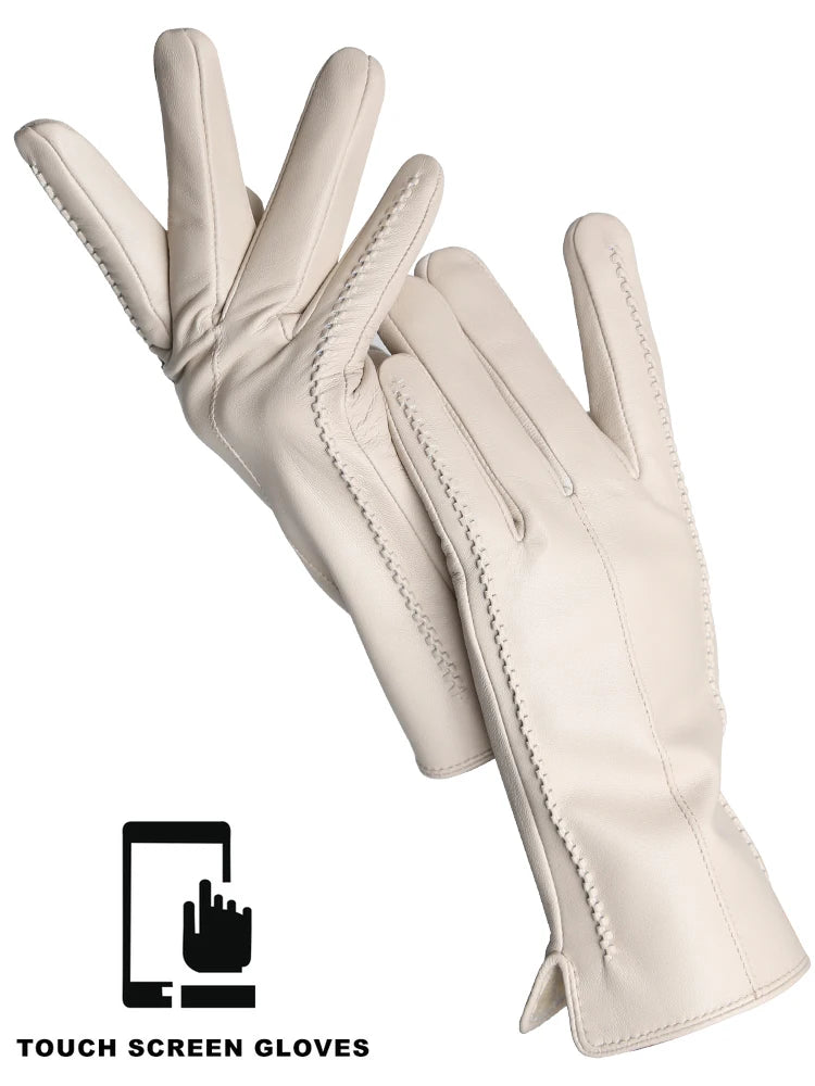 Women's Leather winter warm gloves with velvet thin touch screen
