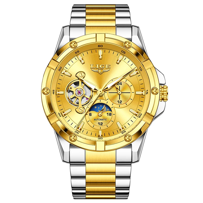 Luxury 24-Hours Moon Phase Automatic Movement Stainless Steel Band Men's Watches