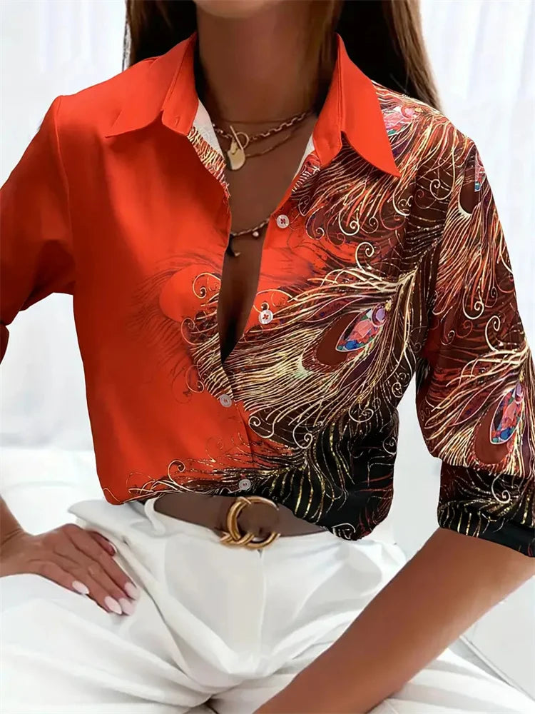 Elegant Printed Pattern Button Long Sleeve Women's Shirts