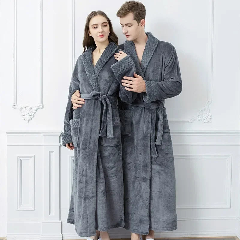 Unisex Autumn/Winter Warm Long Coral Velvet Thick Couple Bath Bathrobes