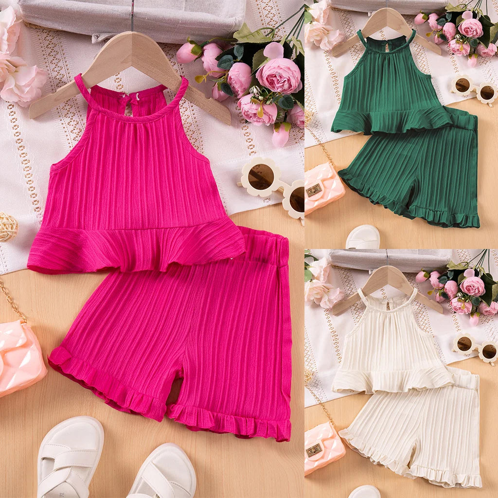 Summer Fashion Sleeveless Ruffle Tank Top & Shorts Solid Two-Piece Outfit Toddler Girl Set