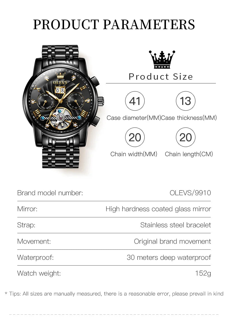 OLEVS Classic Men's Watch Tourbillon Multi-function Full Automatic Men Watch