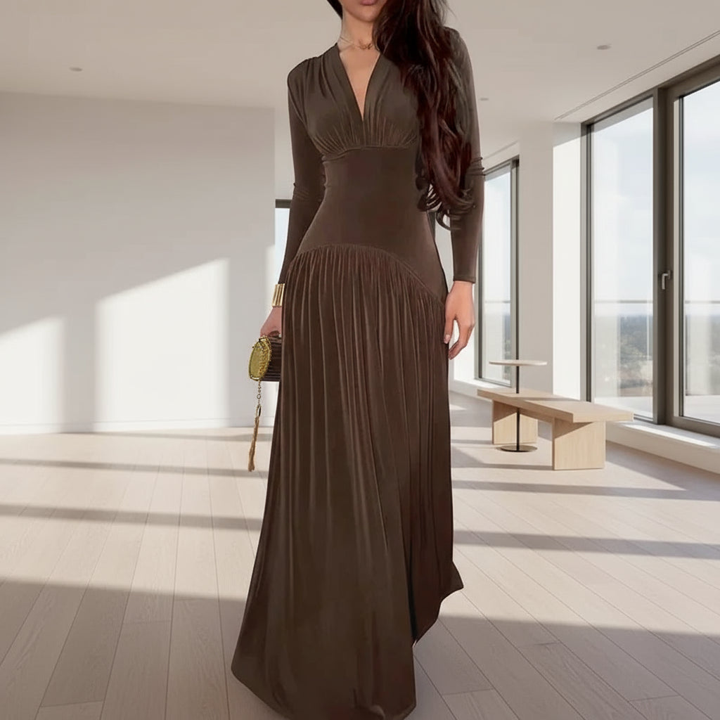 Casual High Waist Long Sleeved Velvet Dress V Neck Solid Color Slim Fit Pleated