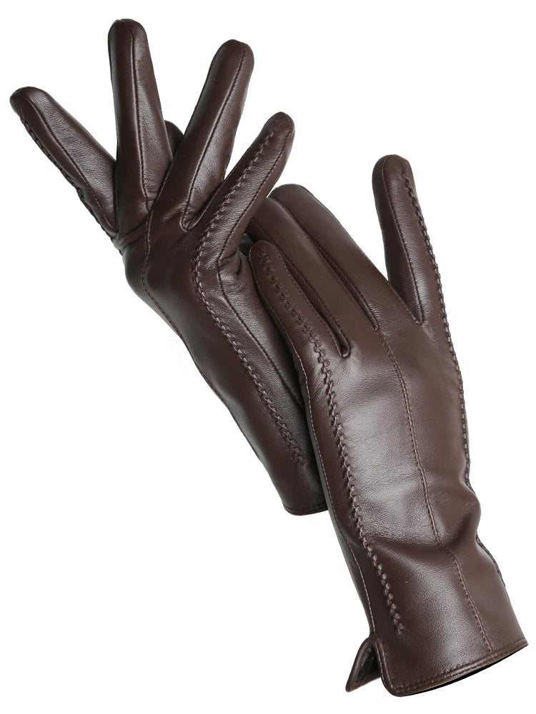 Women's Leather winter warm gloves with velvet thin touch screen