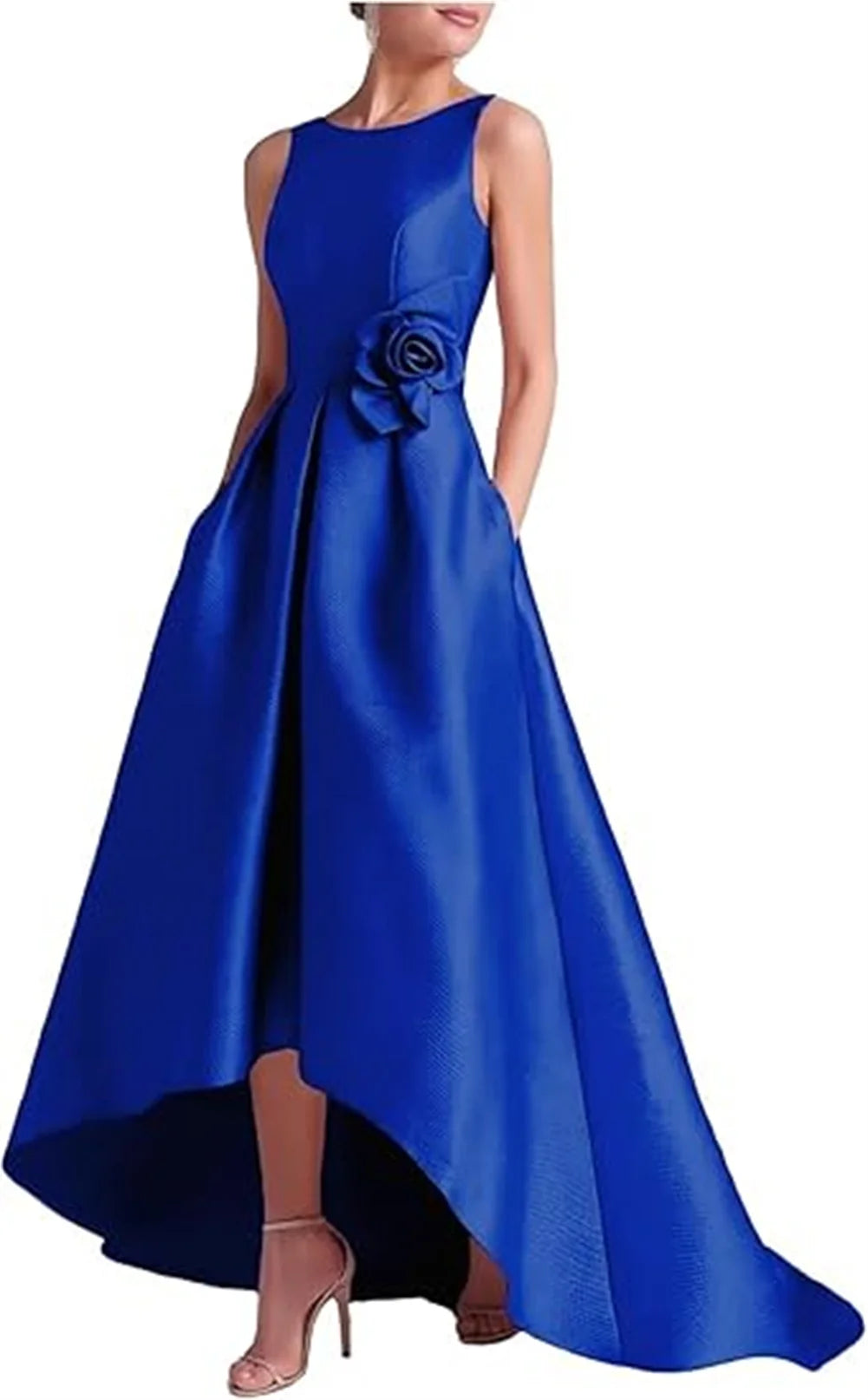 Customized High Low Satin Dresses Wedding Guest Mother of the Bride With Pocket Sleeveless Party Evening Gown