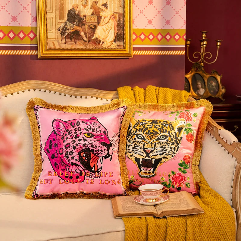 Luxury Pink Tiger Pillowcase Double-sided Velvet Tassel Living Room Sofa Decoration Square Cushion Cover