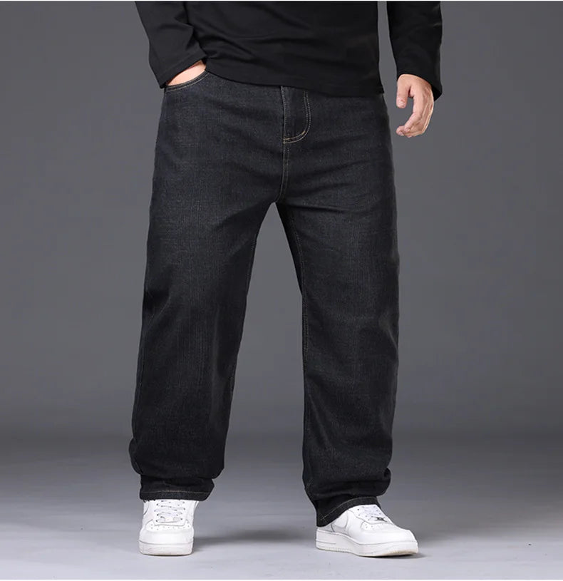 34-50 Sizes Men's Stretch Jeans Straight Leg Denim Pants Extended Sizing Blue/Black Streetwear Relaxed Fit for Work & Casual