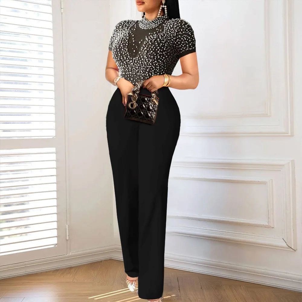 Elegant Jumpsuit with Round Neck Short Sleeve Beaded