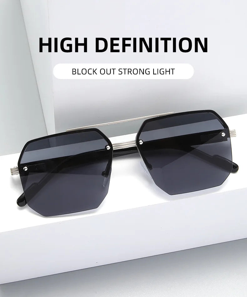 Trendy Aviator Sunglasses for Mens Womens Retro Double Bridge Metal Driving UV400 Outdoor Eyewear Semi-Rimless Lentes De Sol