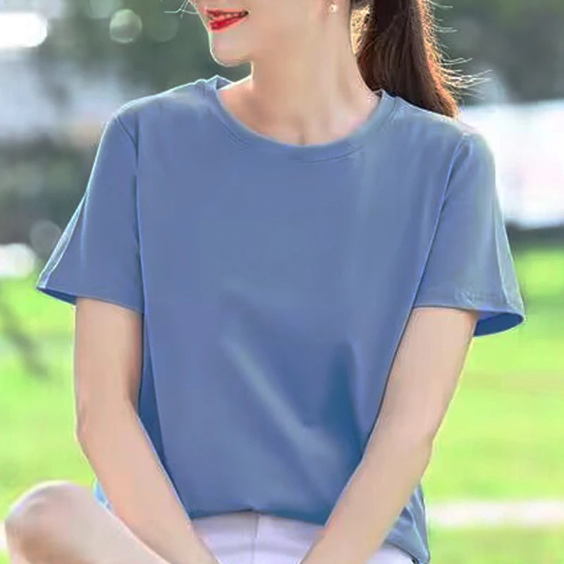 Summer 100% Cotton Regular-Fit Women Crew Neck Basic White T-Shirts