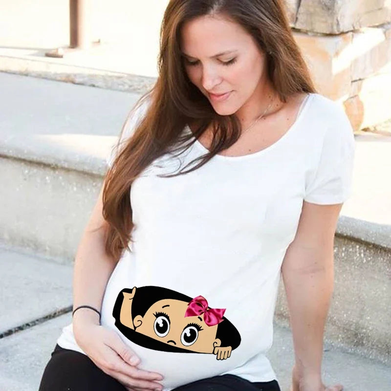 Baby Peeking Maternity T-shirt Funny Zip Print Trendy Mom Plus Size Summer Fashion Pregnant Woman Pregnancy Tees