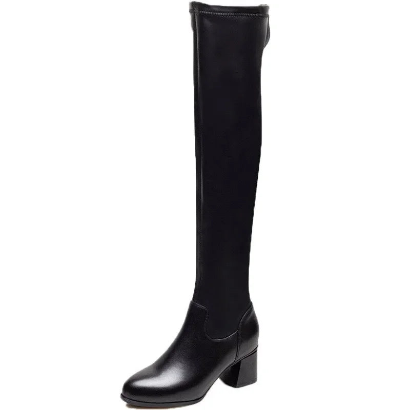 Women Leather Elastic Boots Plush Long Thick Heels Over The Knee Boots