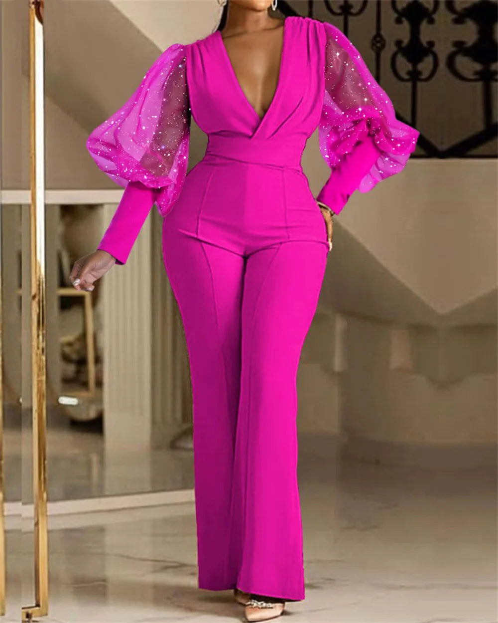 Elegant Jumpsuit Romper High Waist Overall Sequins Bodycon Long Sleeve