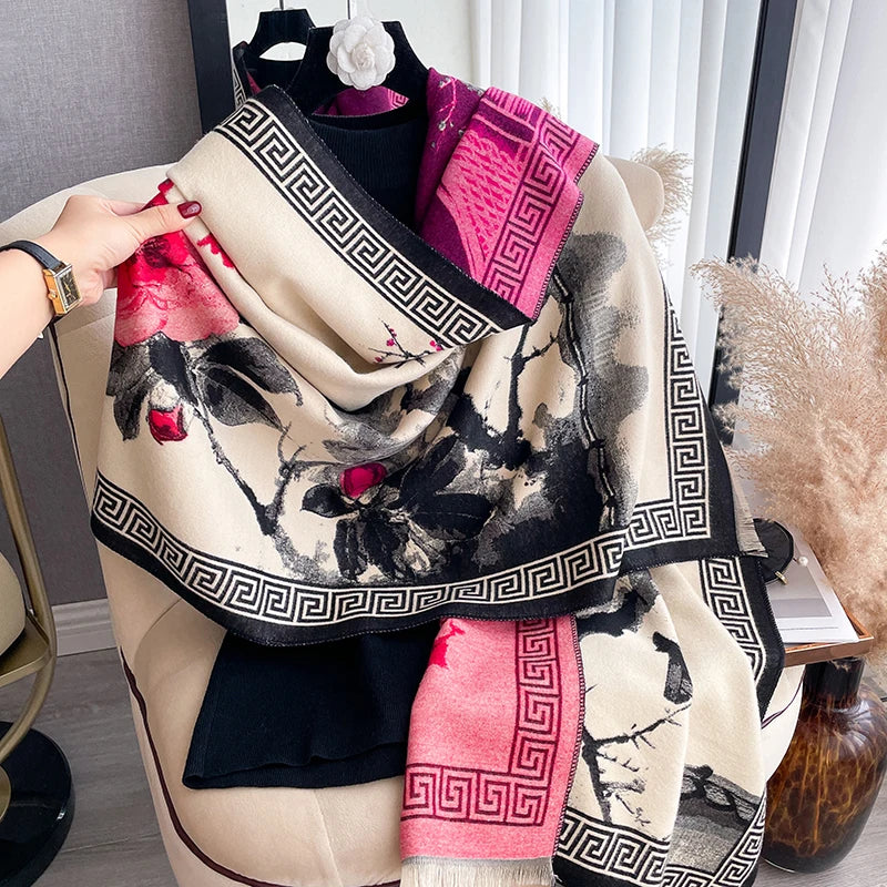 Women Luxury Winter Warm Ink Wash painting Scarf Pashmina Shawl