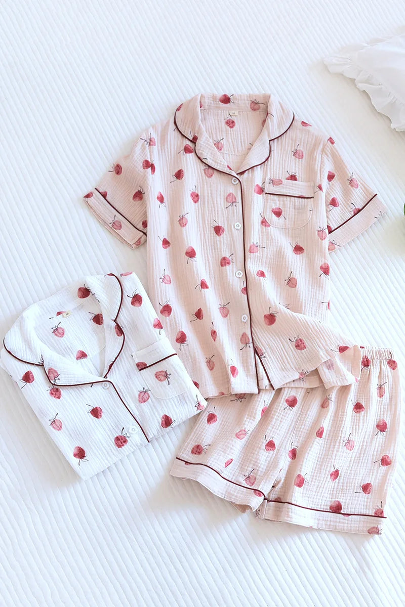 Summer pajamas short-sleeved shorts two-piece cotton crepe