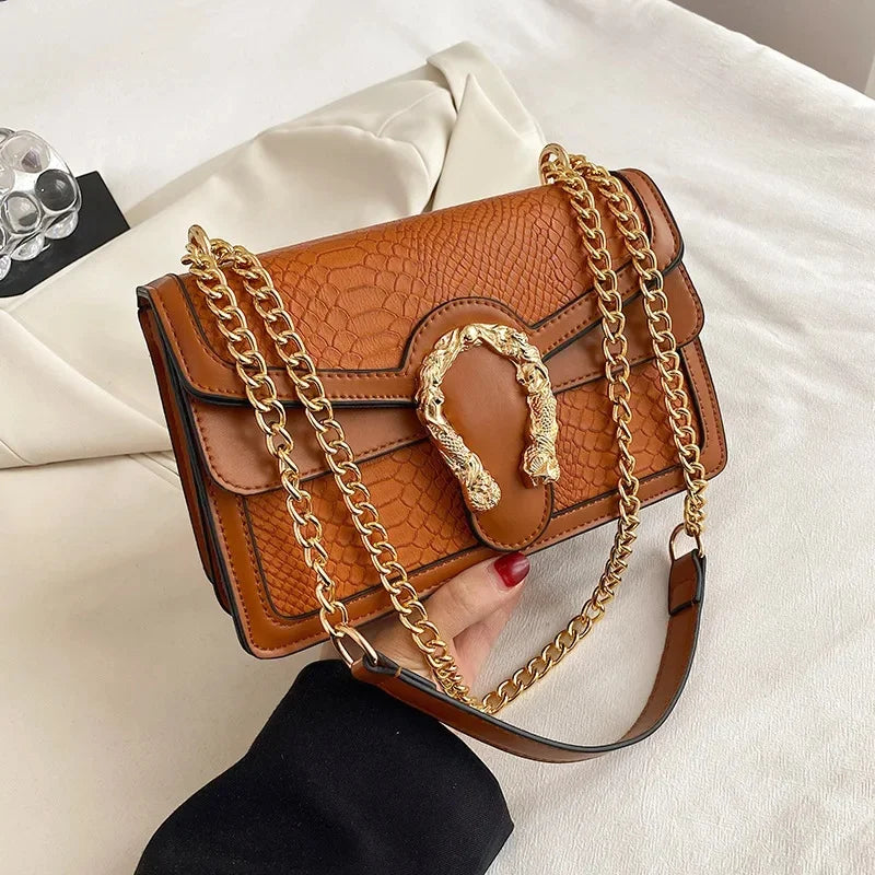 Gold Chain Crossbody Women's Fashion Bag Crocodile Pattern