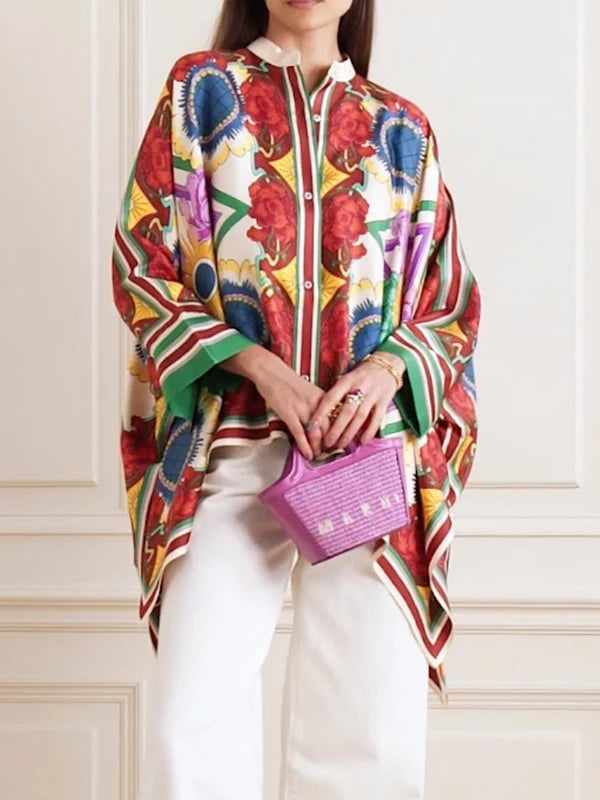 Spring Stylish Women Sleeves Flower Print Stand Collar Blouse