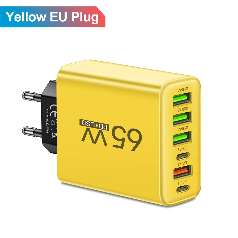 65W 6 in 1 4 USB 2 Type C Quick Charging Fast Wall Charger For iPhone Samsung Xiaomi Huawei Oppo Mobile Phone Adapter