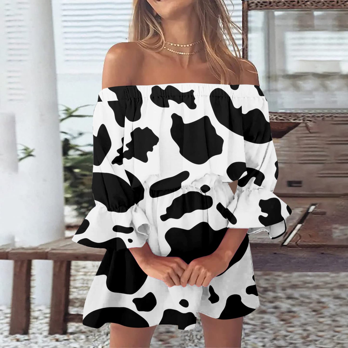 Elegant Summer Print Off Shoulder Dress for Women