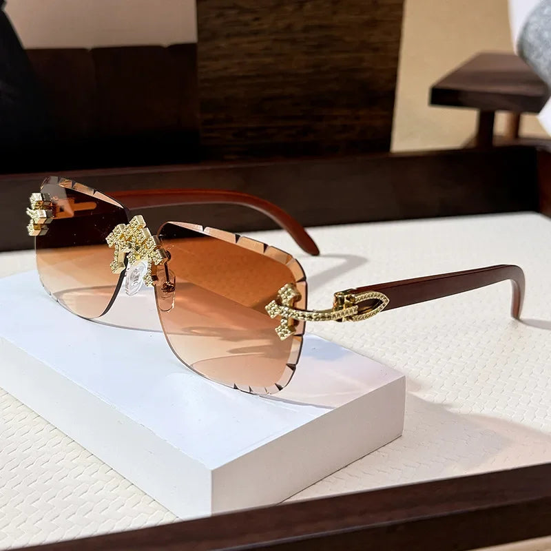 Vintage Rimless Square Cutting Lens Women Men Luxury Brand Designer Sunglasses Popular Punk Diamond Cross Sun Glasses UV400