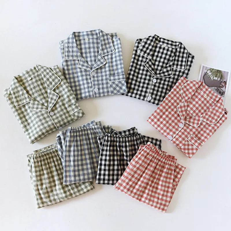 Spring and Autumn Unisex Pajama Set 100% Cotton Men's and Women's Plaid Long Sleeved Two Piece