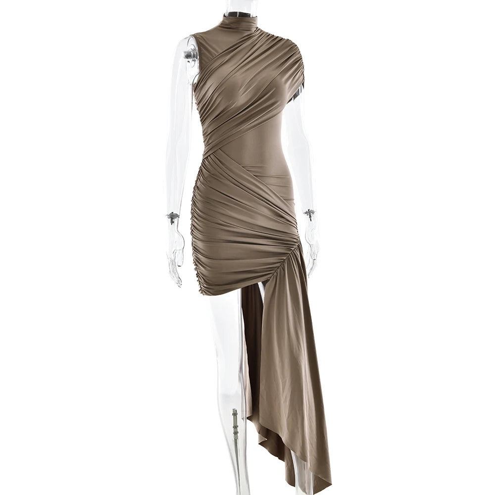 Irregular Round Neck Ruched Ribbon Women Dress