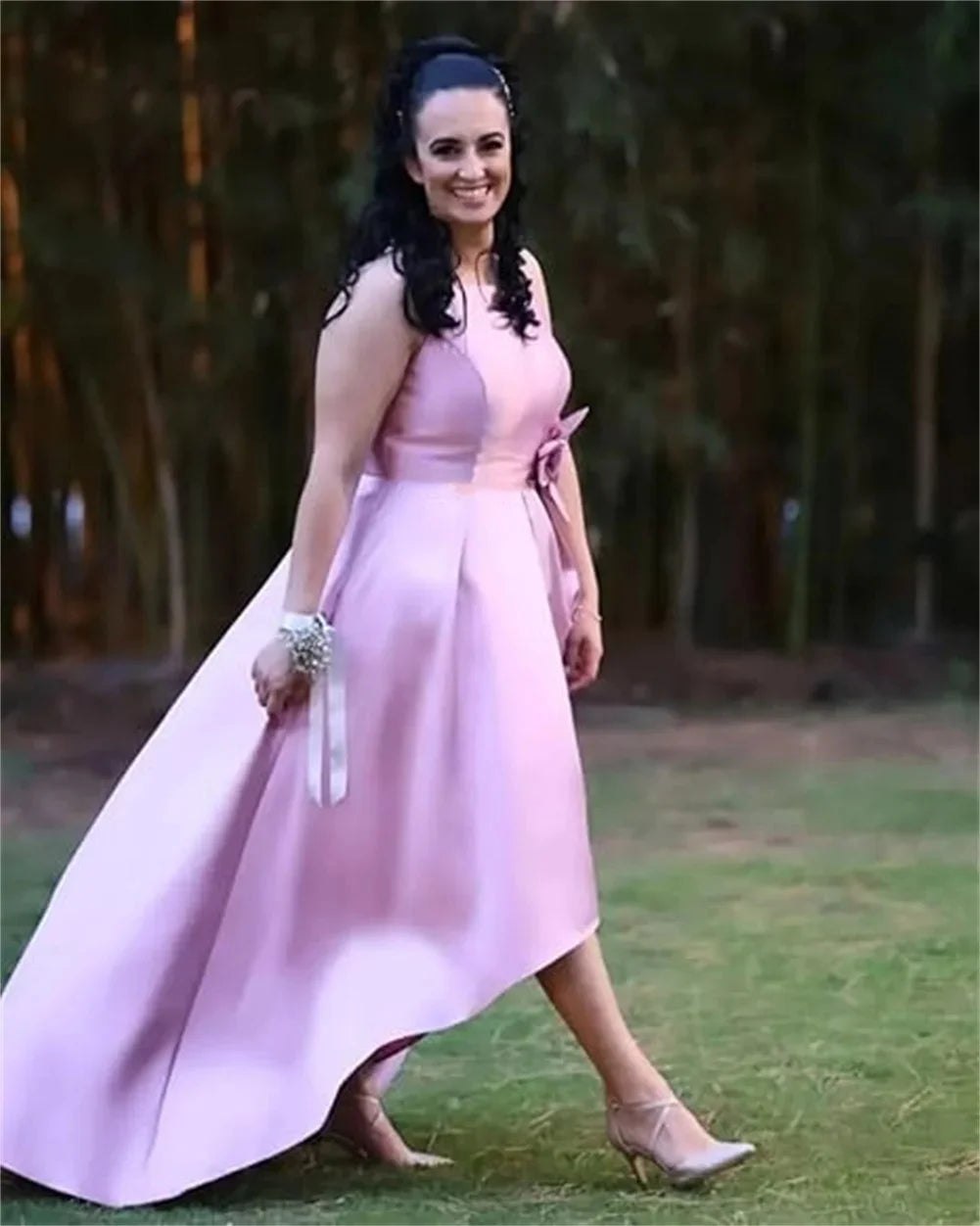 Customized High Low Satin Dresses Wedding Guest Mother of the Bride With Pocket Sleeveless Party Evening Gown