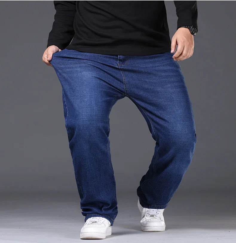34-50 Sizes Men's Stretch Jeans Straight Leg Denim Pants Extended Sizing Blue/Black Streetwear Relaxed Fit for Work & Casual