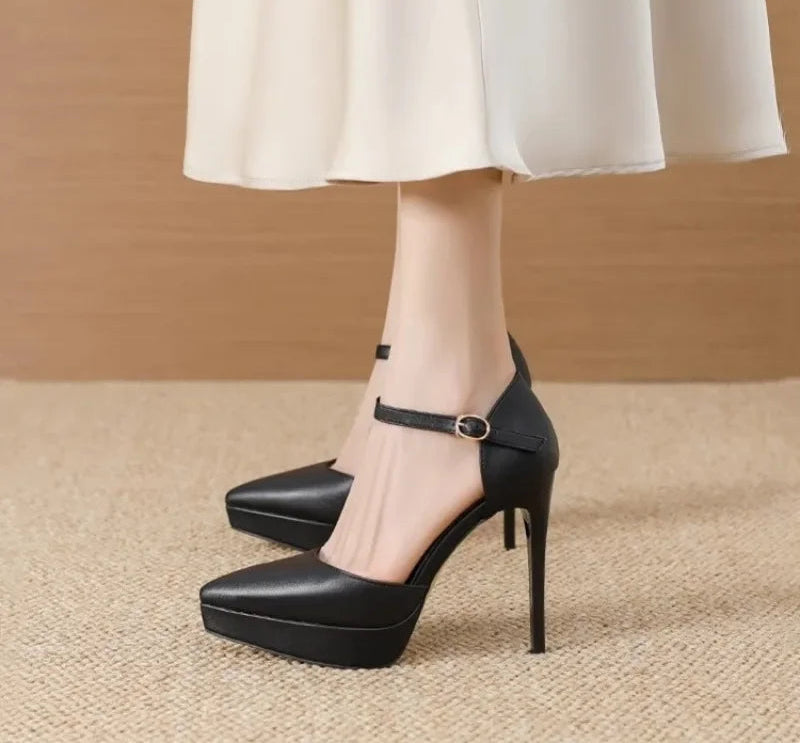 Ankle Straps Women's Sandals 12Cm Pointed Toe Platform Pumps Matte Leather Heels Size 33 42