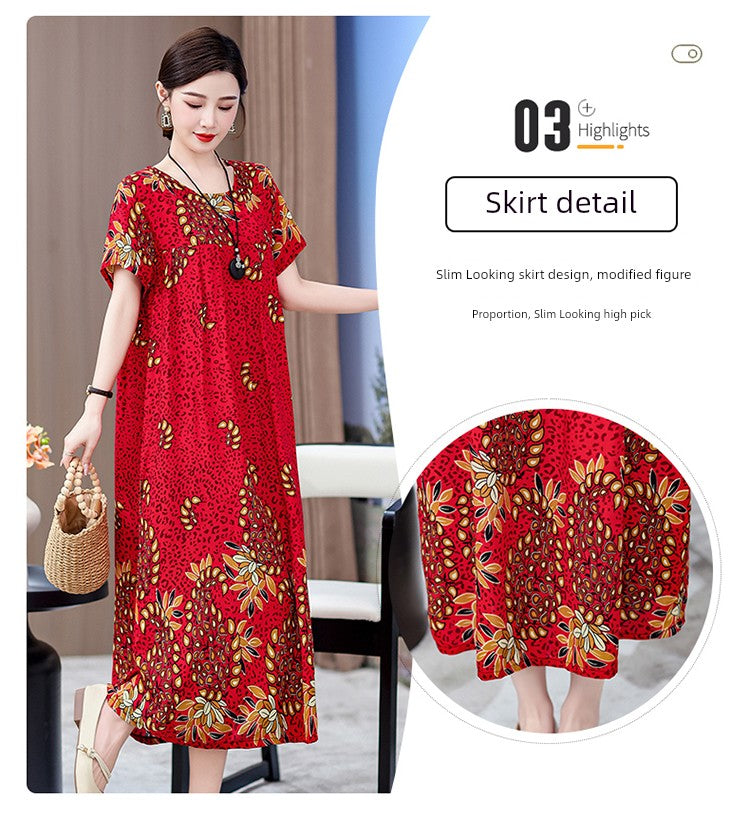 Noble over-the-Knee Middle-Aged Ladieswear Large Swing Noil Poplin Dress