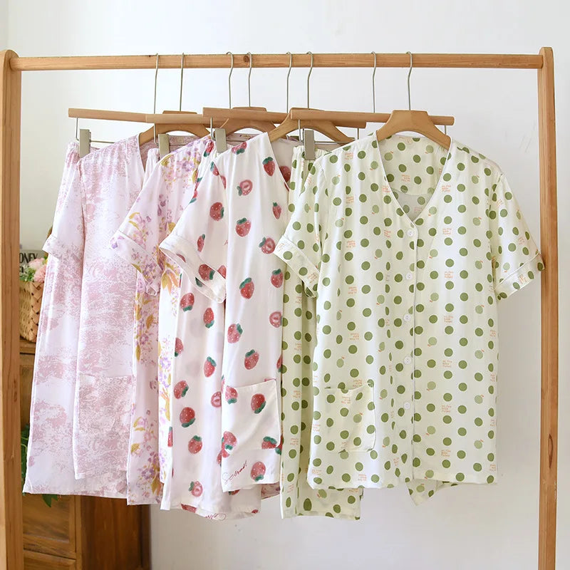 Thin Summer Floral Woman Pajama Sets Nightwear Top and Pants