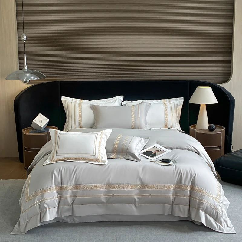 100% Egyptian Cotton Luxury Duvet Cover Set Gold Embroidery Hotel Style