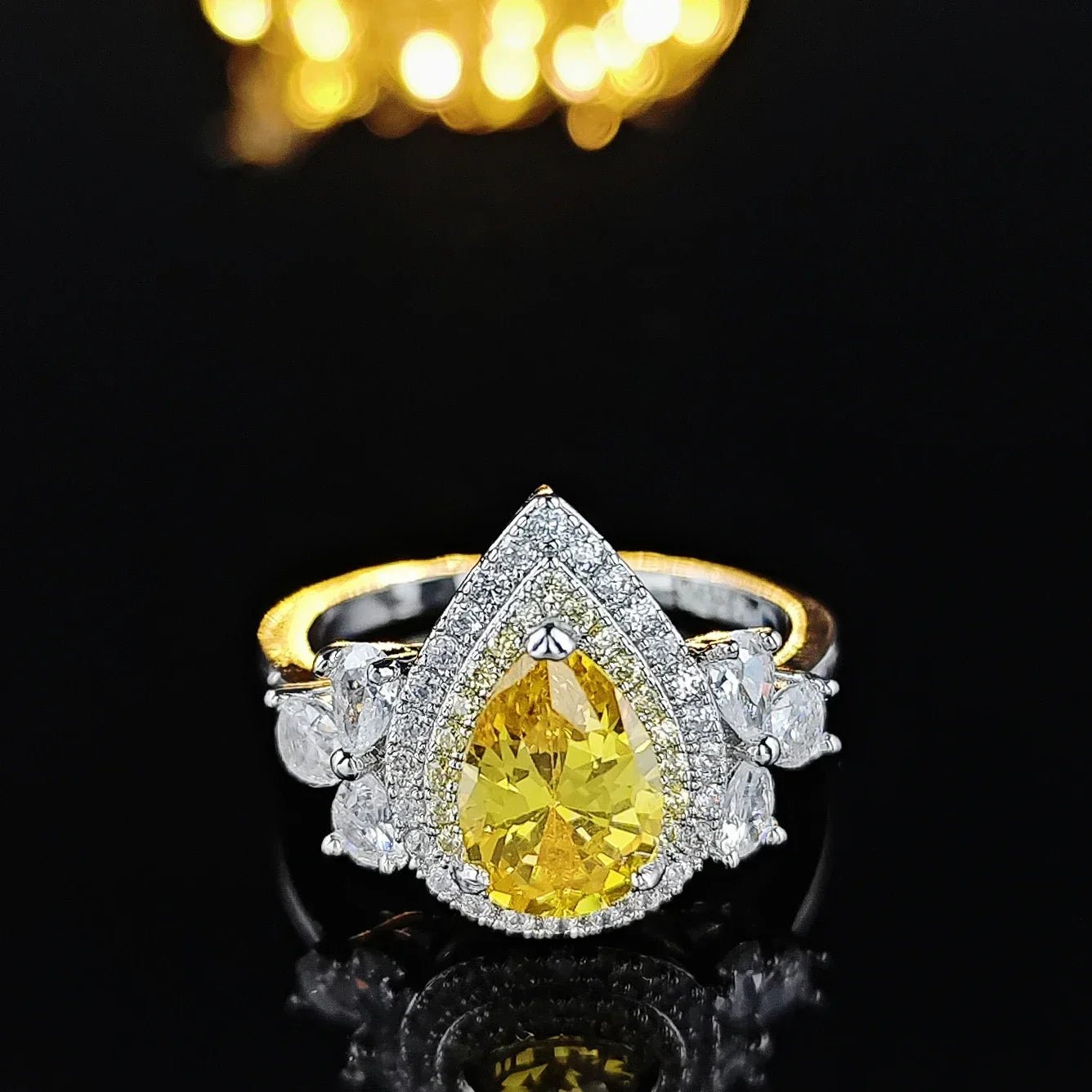 Fashion Luxury Ring Water Drop Pearl Shape Yellow color Zircon