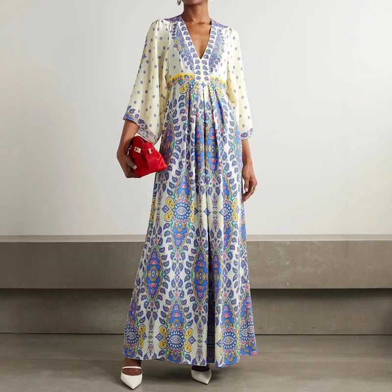 Three Quarter Sleeve Patchwork Loose Chic Maxi Women V Neck Dress