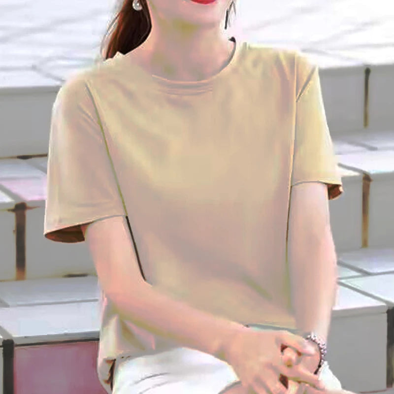 Summer 100% Cotton Regular-Fit Women Crew Neck Basic White T-Shirts