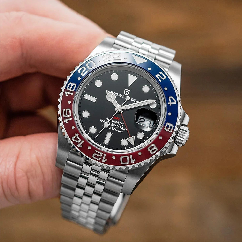 Luxury GMT Men's Mechanical Wristwatch Sapphire Glass Stainless Steel 100M Waterproof Automatic