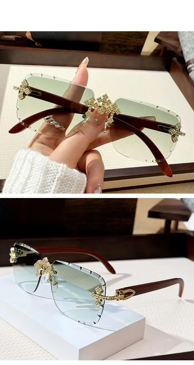 Vintage Rimless Square Cutting Lens Women Men Luxury Brand Designer Sunglasses Popular Punk Diamond Cross Sun Glasses UV400