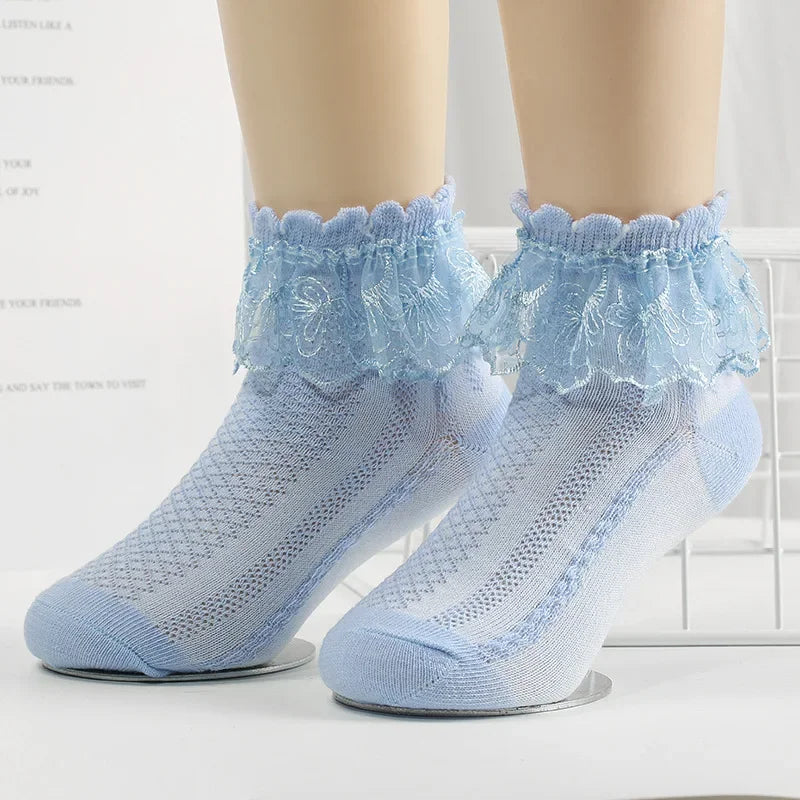 Breathable Cotton Socks with Ruffle Lace