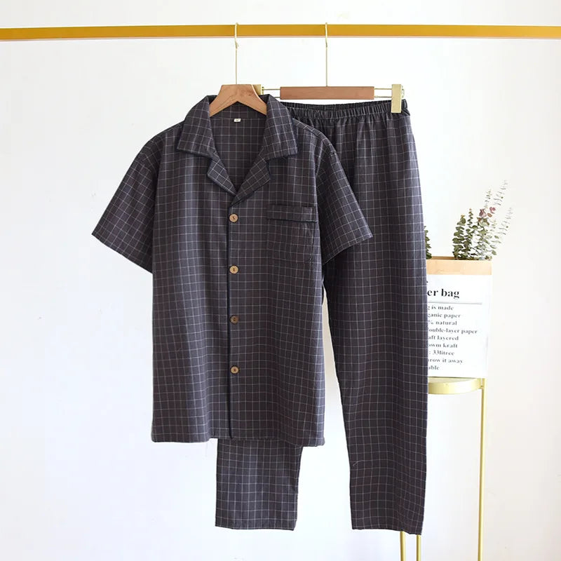 Men's Pajamas Summer Thin Short-sleeved Shorts Cotton Plaid
